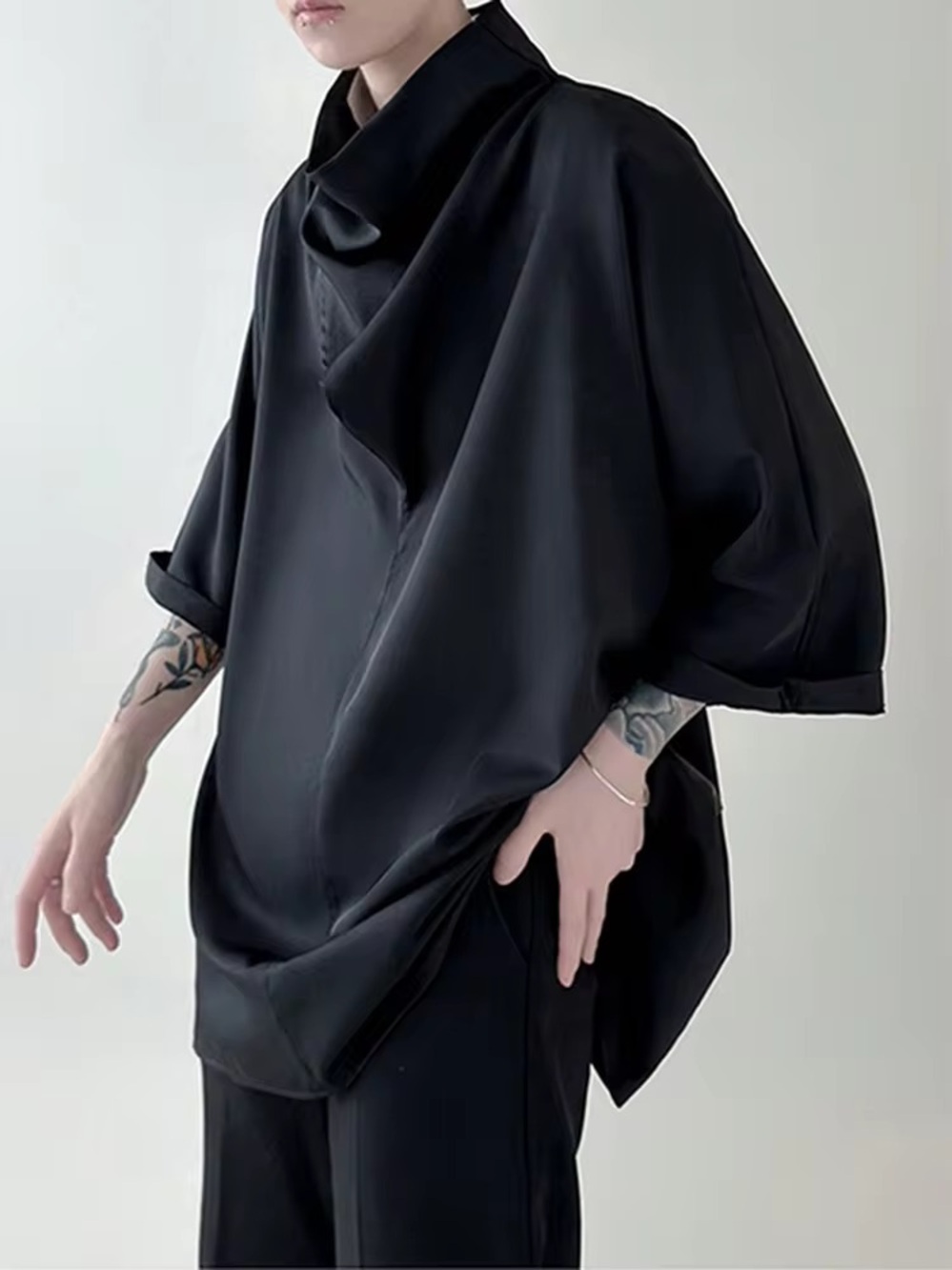 INCERUN men’s black cowl neck 3/4 sleeve casual loose top